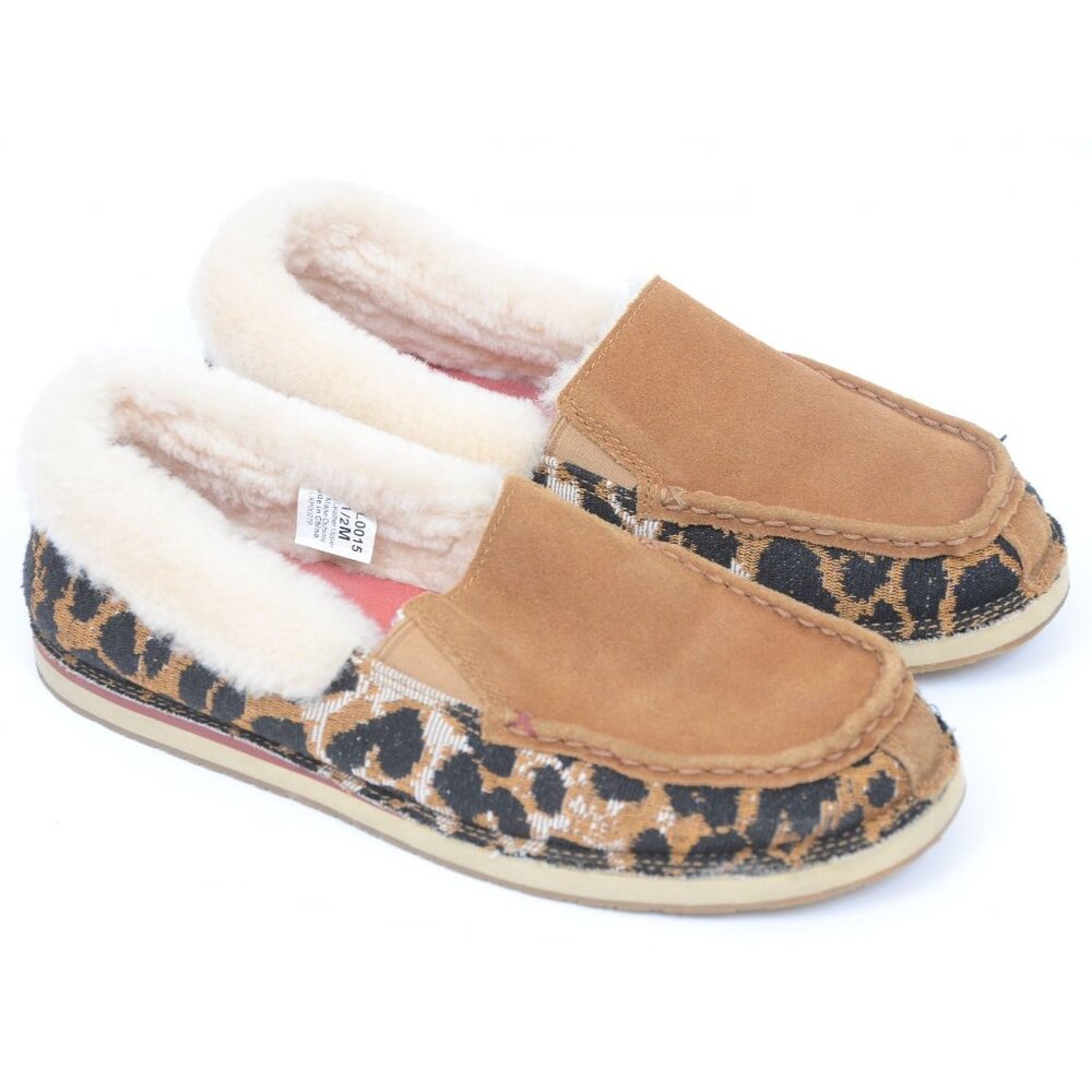 Twisted X Women's 9.5 Leopard Print Leather Suede Fur-Lined Shoes Moc Toe Flats